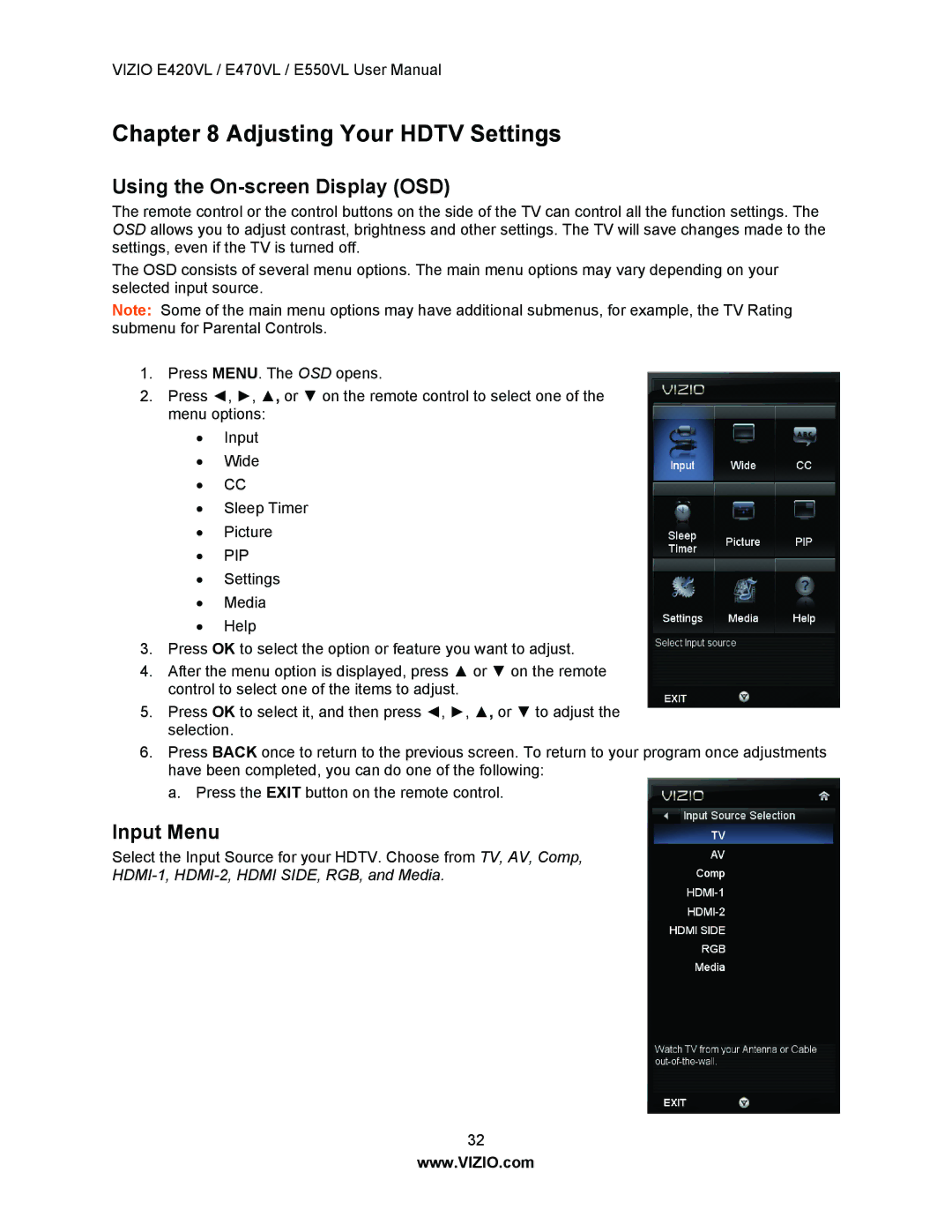 Vizio E420VL, E550VL, E470VL user manual Using the On-screen Display OSD, Input Menu 