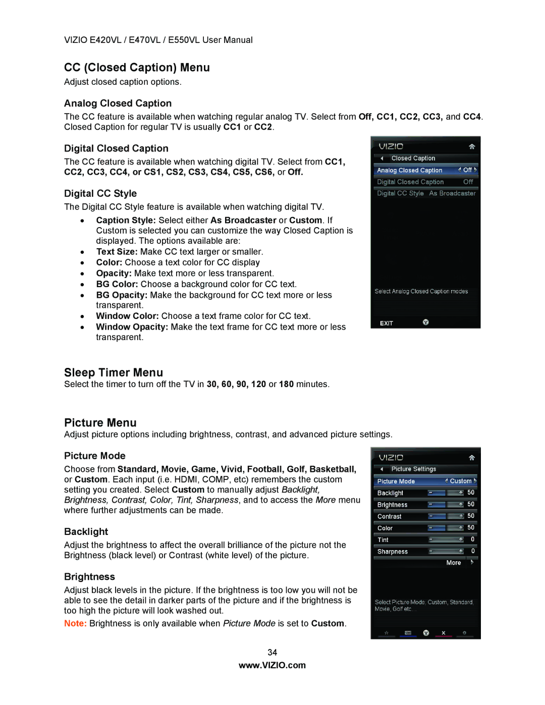 Vizio E470VL, E550VL, E420VL user manual CC Closed Caption Menu, Sleep Timer Menu, Picture Menu 