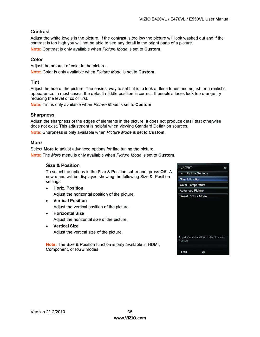 Vizio E420VL, E550VL, E470VL user manual Contrast, Color, Tint, Sharpness, More, Size & Position 