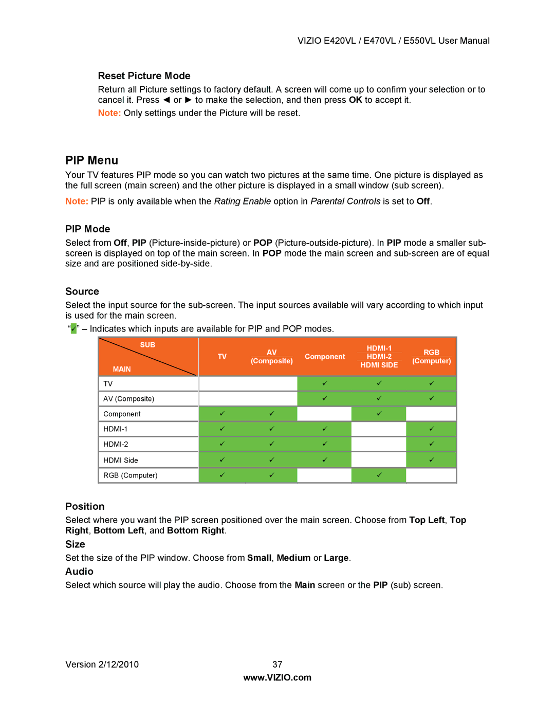 Vizio E470VL, E550VL, E420VL user manual PIP Menu 