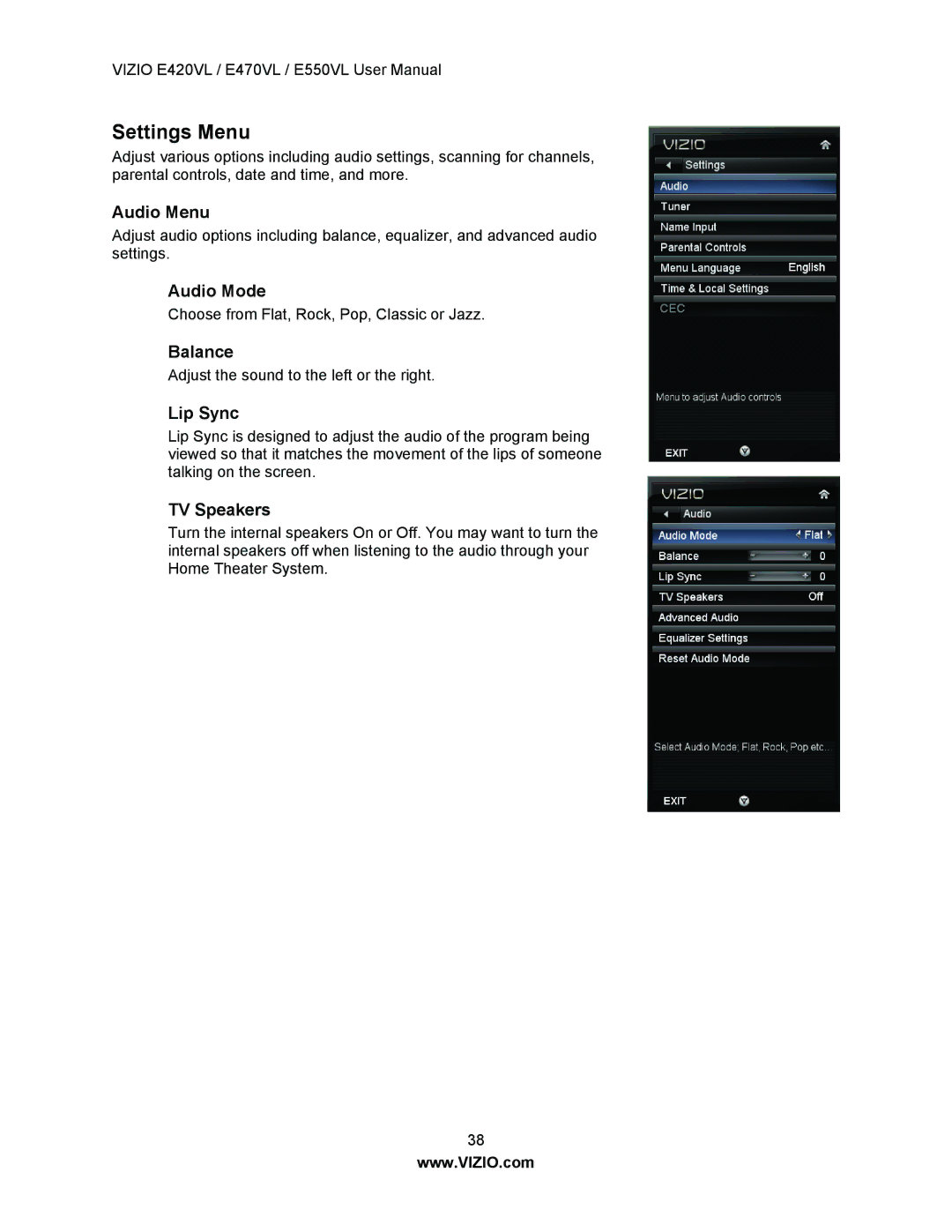 Vizio E420VL, E550VL, E470VL user manual Settings Menu 