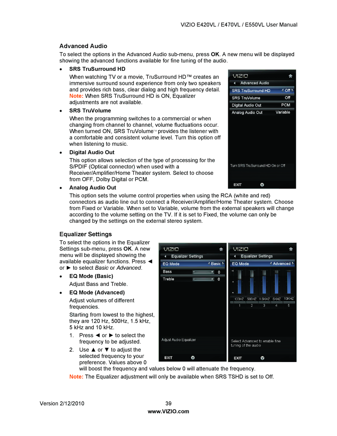 Vizio E550VL, E470VL, E420VL user manual Advanced Audio, Equalizer Settings 