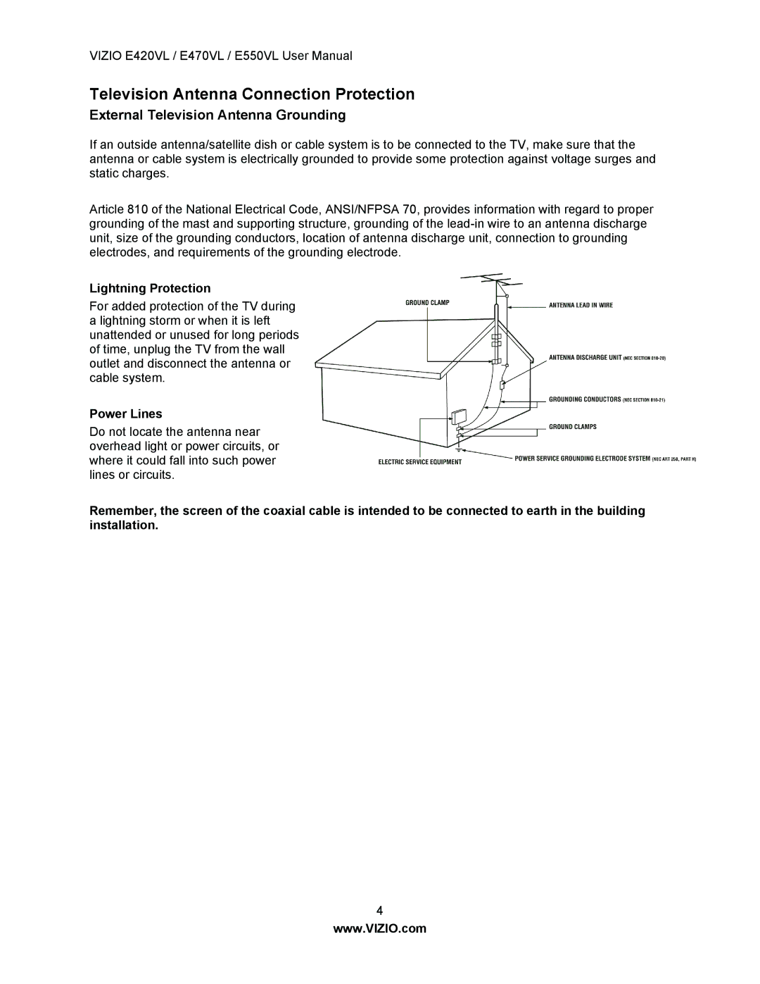 Vizio E470VL, E550VL Television Antenna Connection Protection, External Television Antenna Grounding, Lightning Protection 