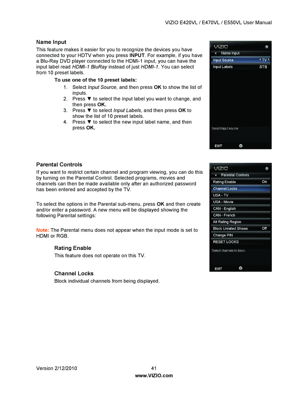 Vizio E420VL, E550VL Name Input, Parental Controls, Rating Enable, Channel Locks, To use one of the 10 preset labels 