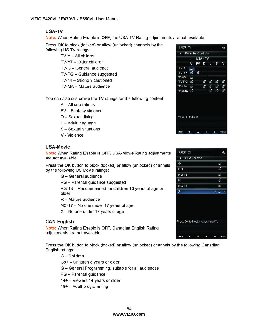 Vizio E550VL, E470VL, E420VL user manual USA-Movie, CAN-English 