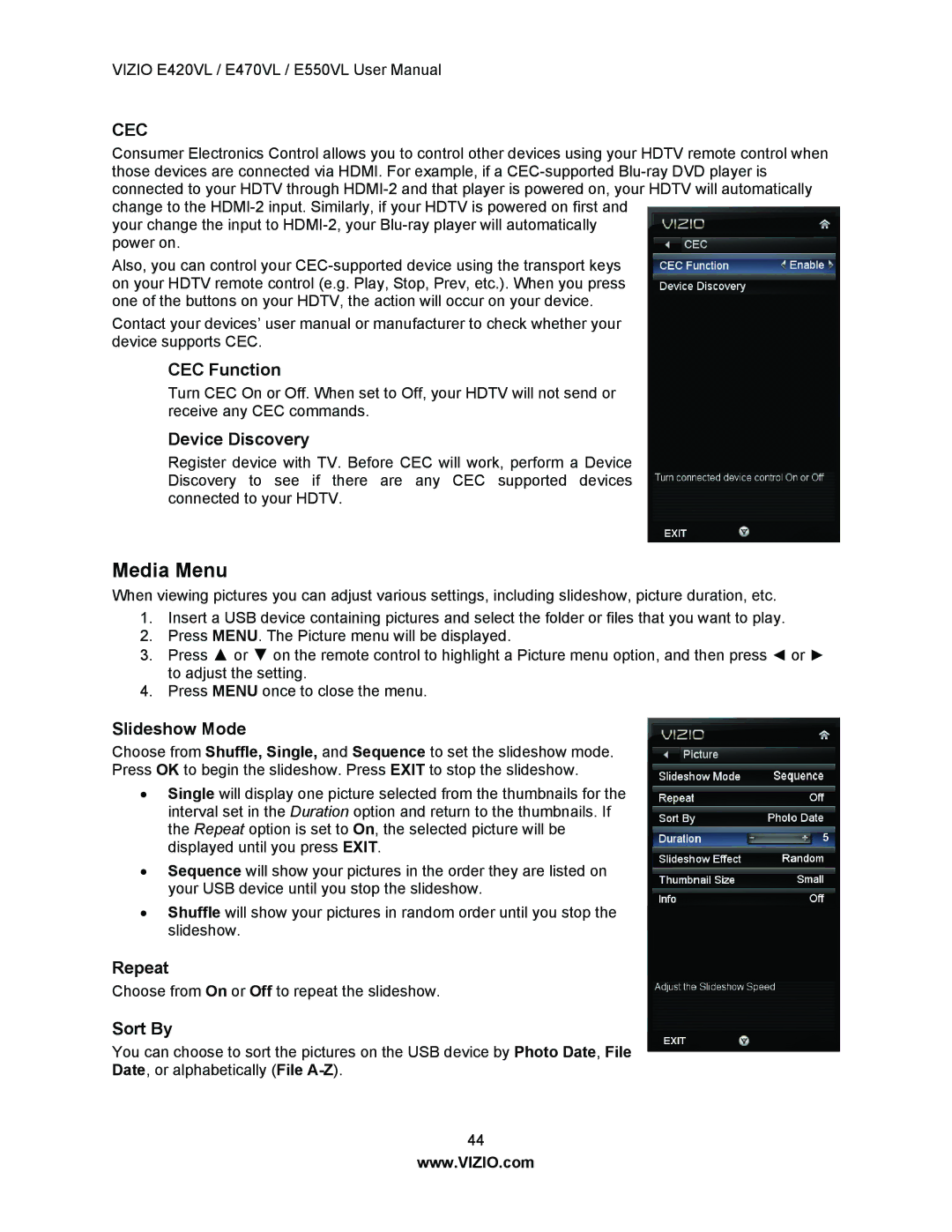 Vizio E420VL, E550VL, E470VL user manual Media Menu, CEC Function, Device Discovery 