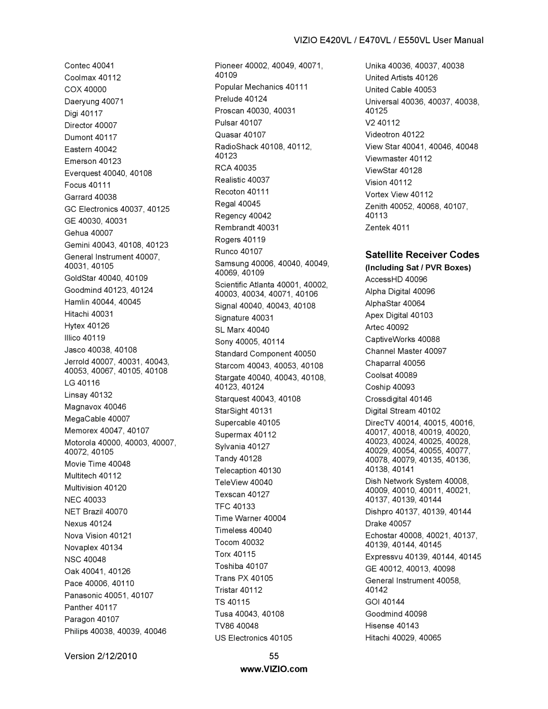 Vizio E470VL, E550VL, E420VL user manual Satellite Receiver Codes, Including Sat / PVR Boxes 