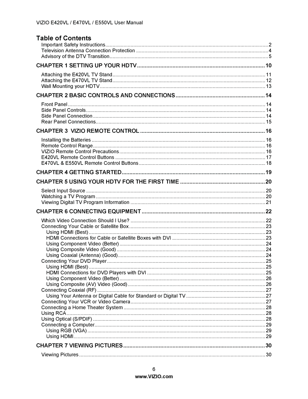 Vizio E550VL, E470VL, E420VL user manual Table of Contents 