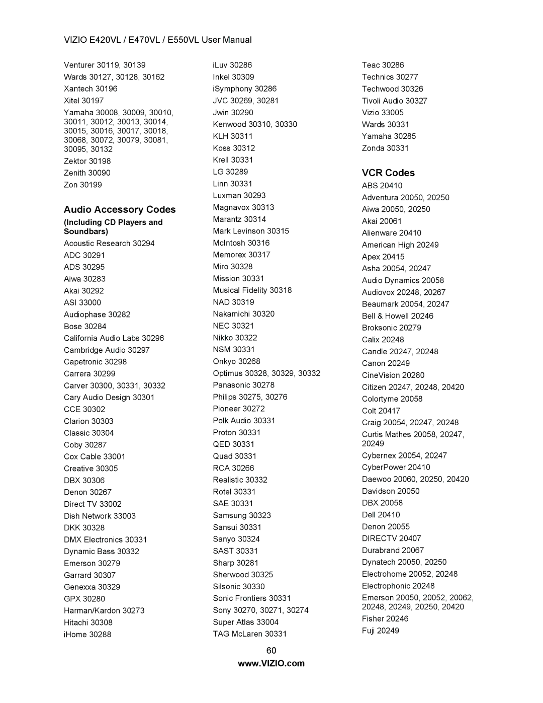 Vizio E550VL, E470VL, E420VL user manual Audio Accessory Codes, VCR Codes 