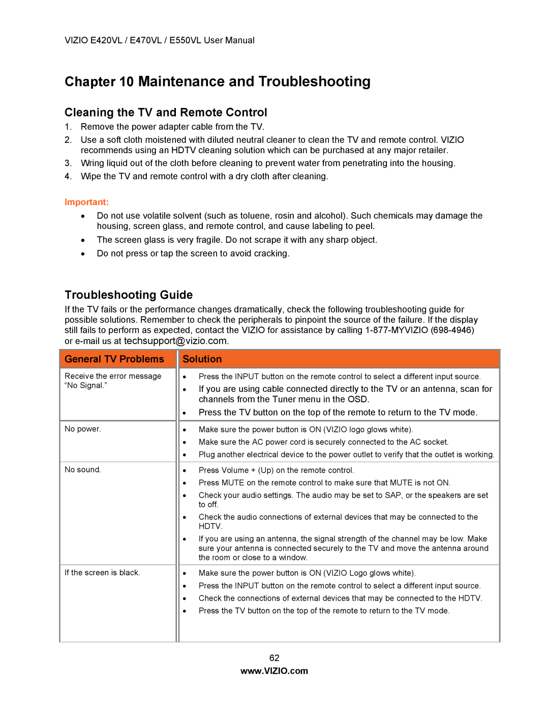 Vizio E420VL, E550VL, E470VL Cleaning the TV and Remote Control, Troubleshooting Guide, General TV Problems, Solution 