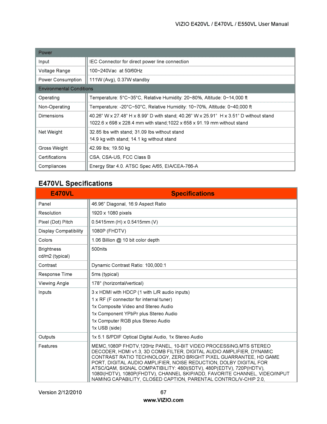 Vizio E550VL, E420VL user manual E470VL Specifications 