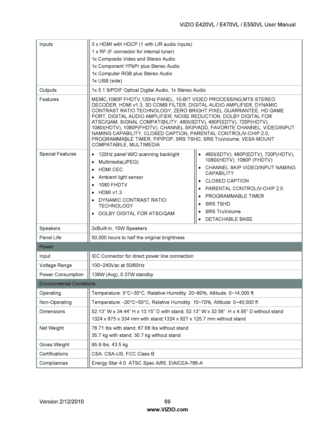 Vizio E550VL, E470VL, E420VL user manual Version 2/12/2010 