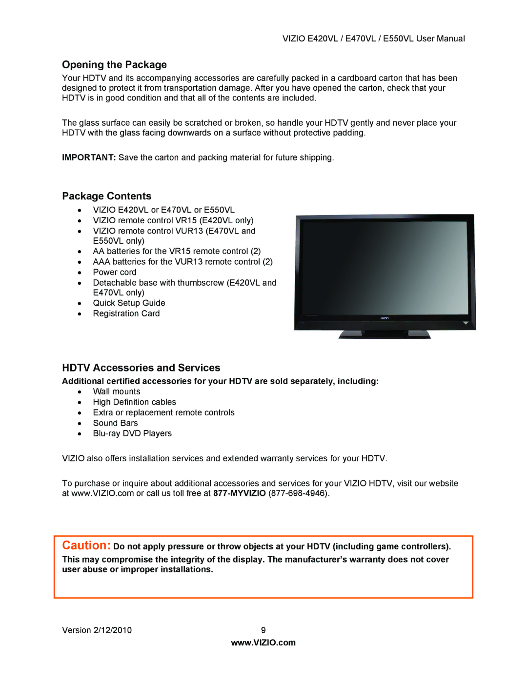 Vizio E550VL, E470VL, E420VL user manual Opening the Package 