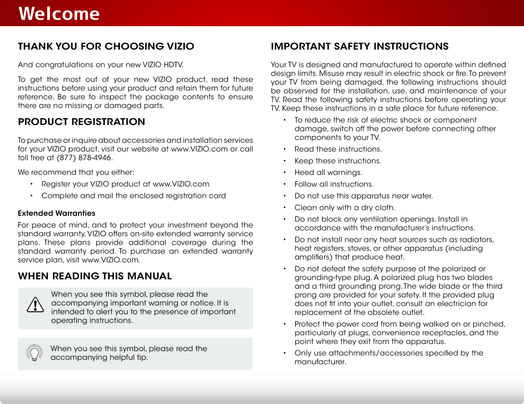 Vizio E551d-A0 Thank You for Choosing Vizio, Product Registration, When Reading this Manual, Important Safety Instructions 