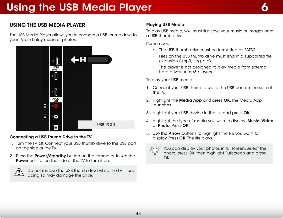 Vizio E551d-A0 user manual Using the USB Media Player, USB Port 