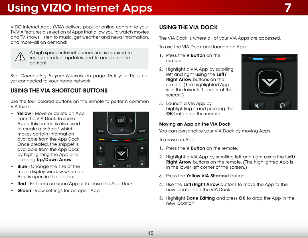 Vizio E551d-A0 user manual Using Vizio Internet Apps, Using the VIA Shortcut Buttons, Using the VIA Dock 