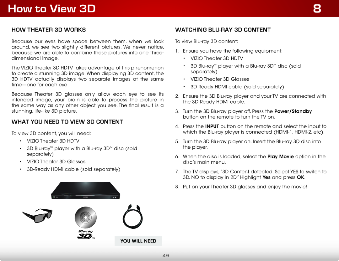 Vizio E551d-A0 user manual How Theater 3D Works, What You Need to View 3D Content, Watching Blu-ray 3D Content 