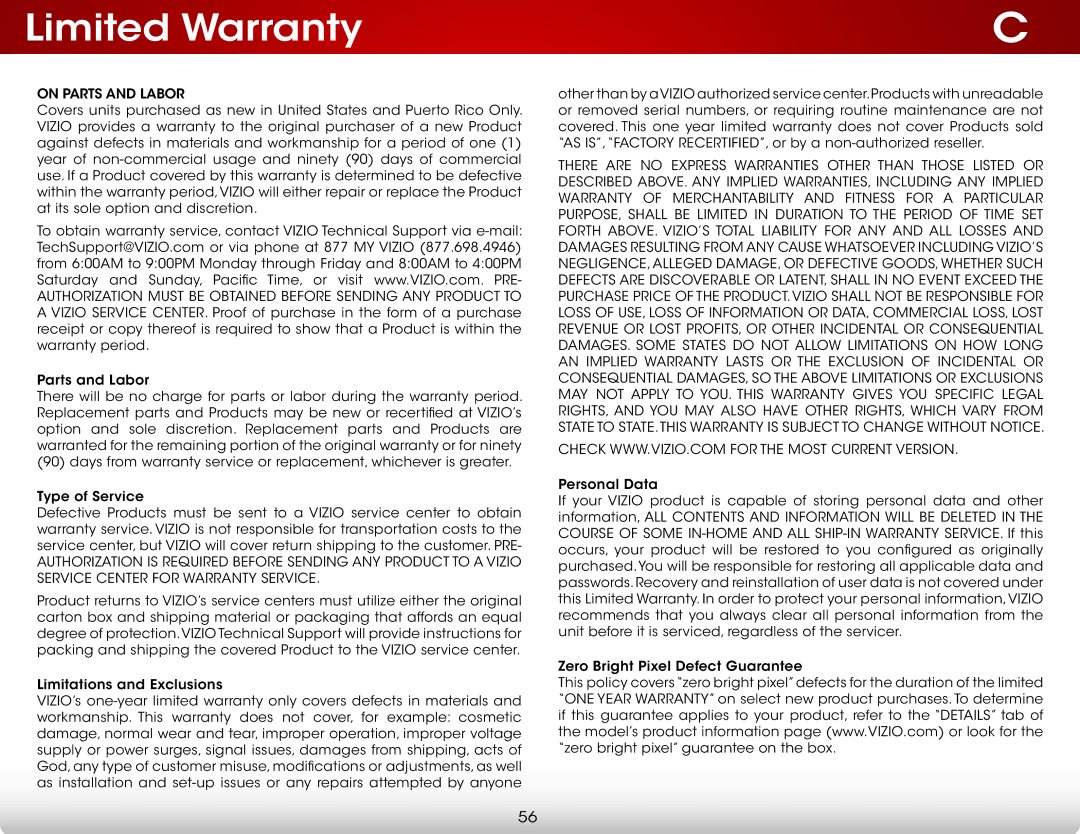 Vizio E551d-A0 user manual Limited Warranty, On Parts and Labor 