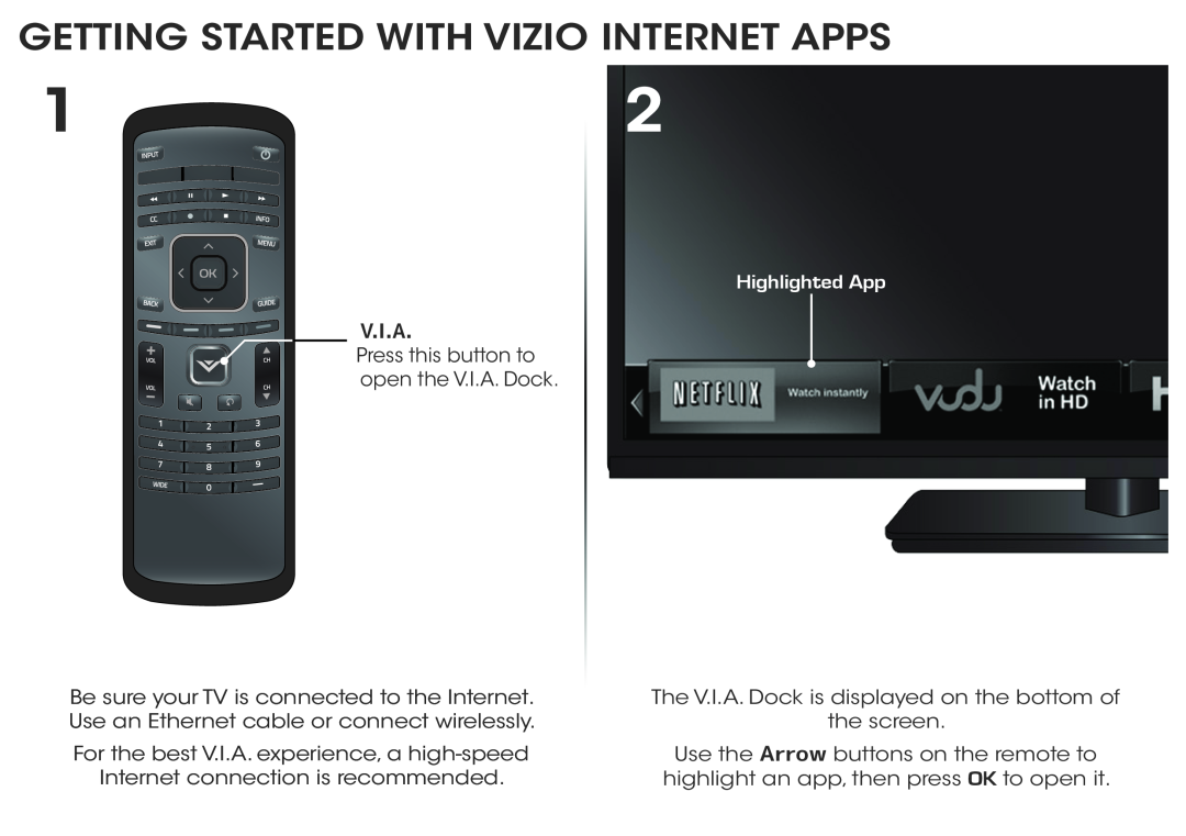 Vizio E551d-A0 quick start Getting Started With Vizio Internet Apps, V.I.A, Highlighted App 
