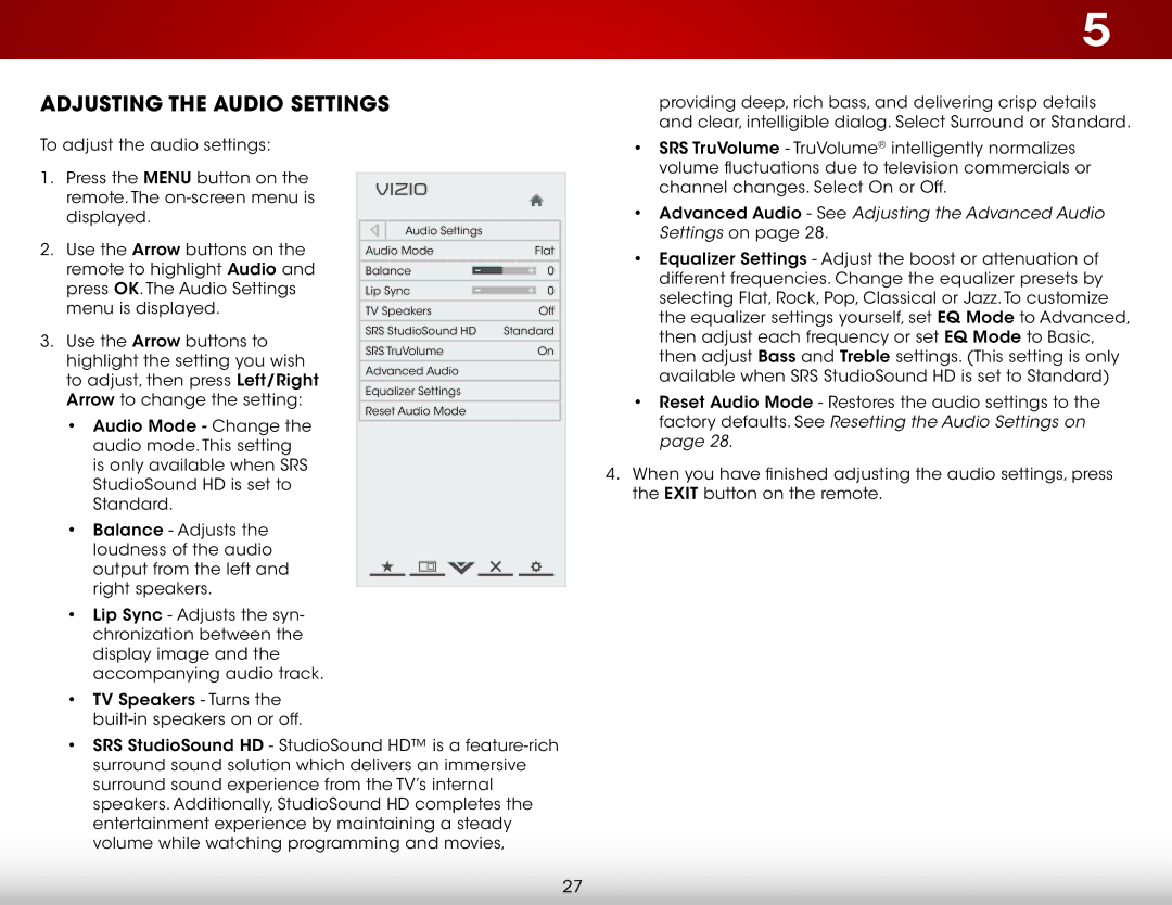 Vizio E551IA2 user manual Adjusting the Audio Settings, Advanced Audio See Adjusting the Advanced Audio 