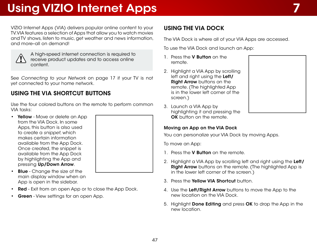 Vizio E551IA2 user manual Using Vizio Internet Apps, Using the VIA Shortcut Buttons, Using the VIA Dock 