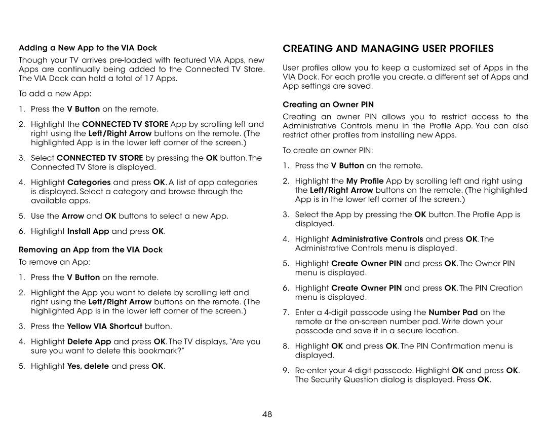 Vizio E551IA2 user manual Creating and Managing User Profiles 