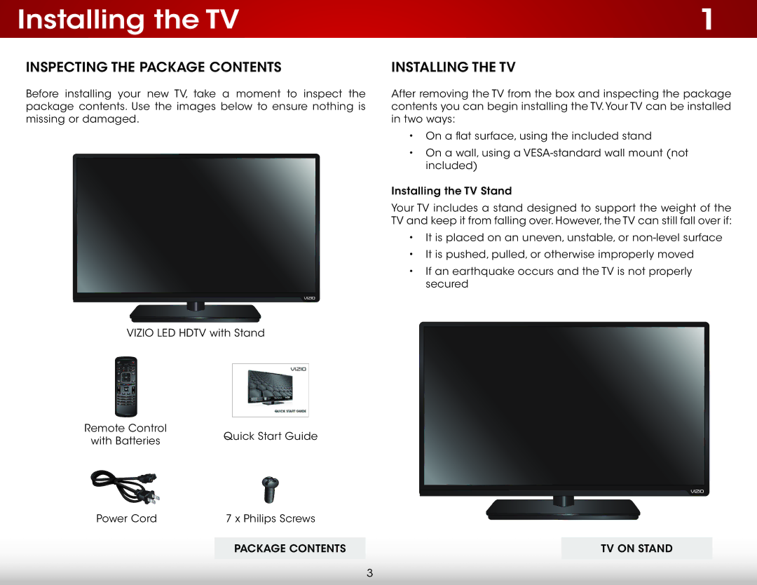 Vizio E551IA2 user manual Installing the TV, Inspecting the Package Contents 