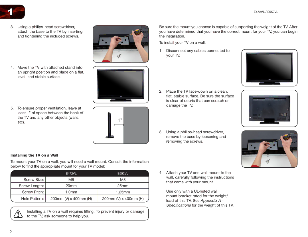 Vizio E552VL, E472VL user manual Installing the TV on a Wall 