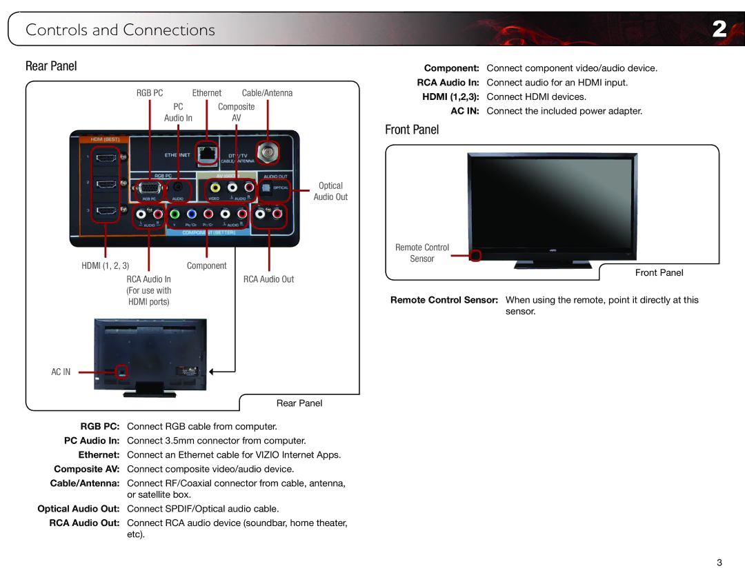 Vizio E472VL, E552VL user manual Controls and Connections, Rear Panel, Front Panel 