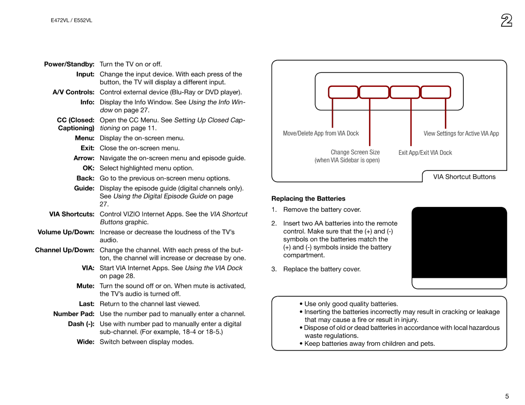 Vizio E472VL, E552VL Menu, Exit, Arrow, Back, Guide, VIA Shortcuts, Last, Number Pad, Dash, Wide, Replacing the Batteries 