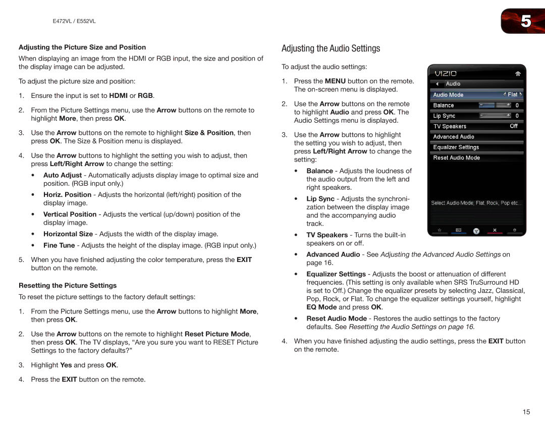 Vizio E472VL, E552VL Adjusting the Audio Settings, Adjusting the Picture Size and Position, Resetting the Picture Settings 