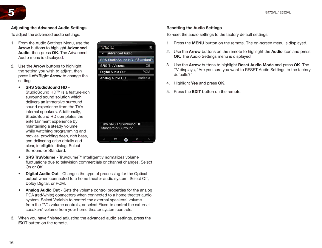 Vizio E552VL, E472VL user manual Adjusting the Advanced Audio Settings, Resetting the Audio Settings 