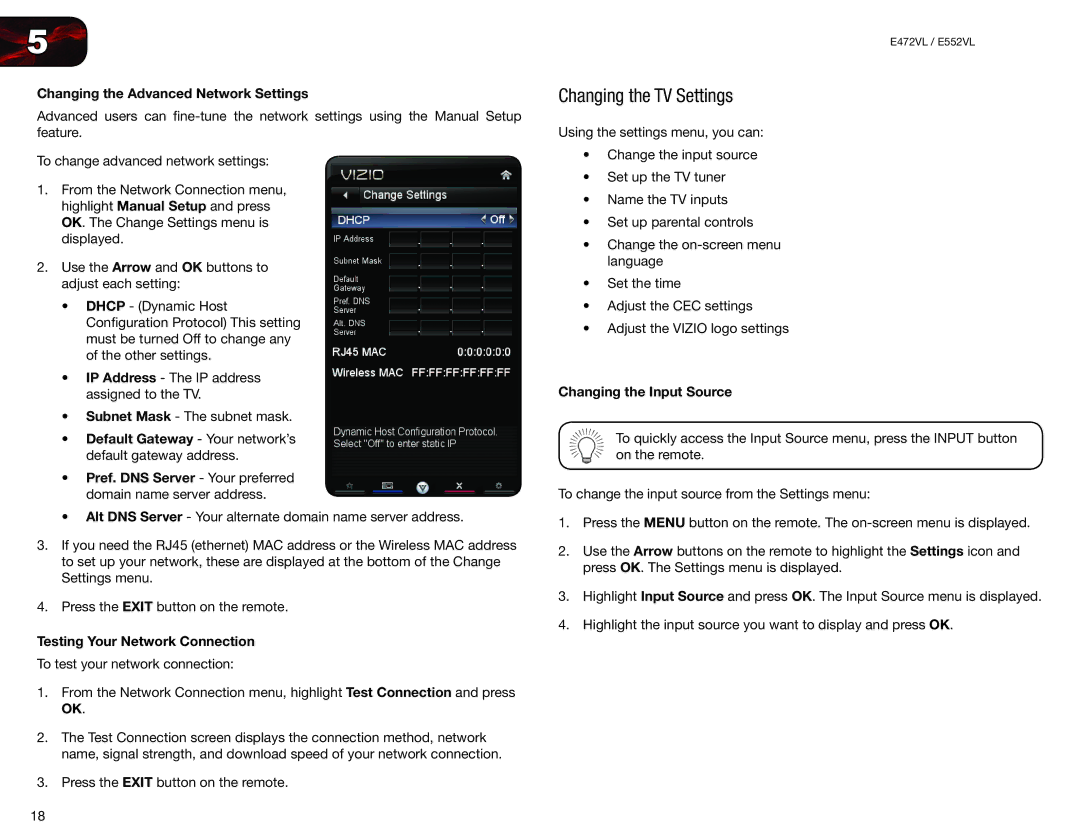 Vizio E552VL, E472VL Changing the TV Settings, Changing the Advanced Network Settings, Testing Your Network Connection 