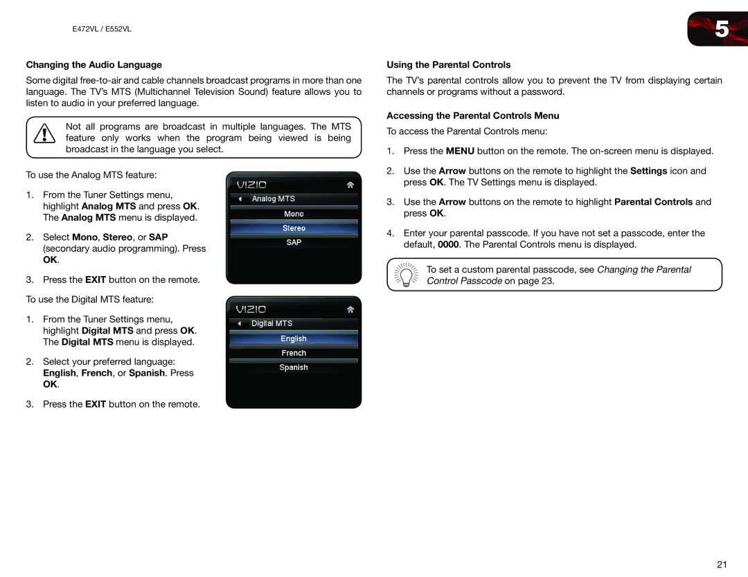 Vizio E472VL, E552VL Changing the Audio Language, Using the Parental Controls, Accessing the Parental Controls Menu 