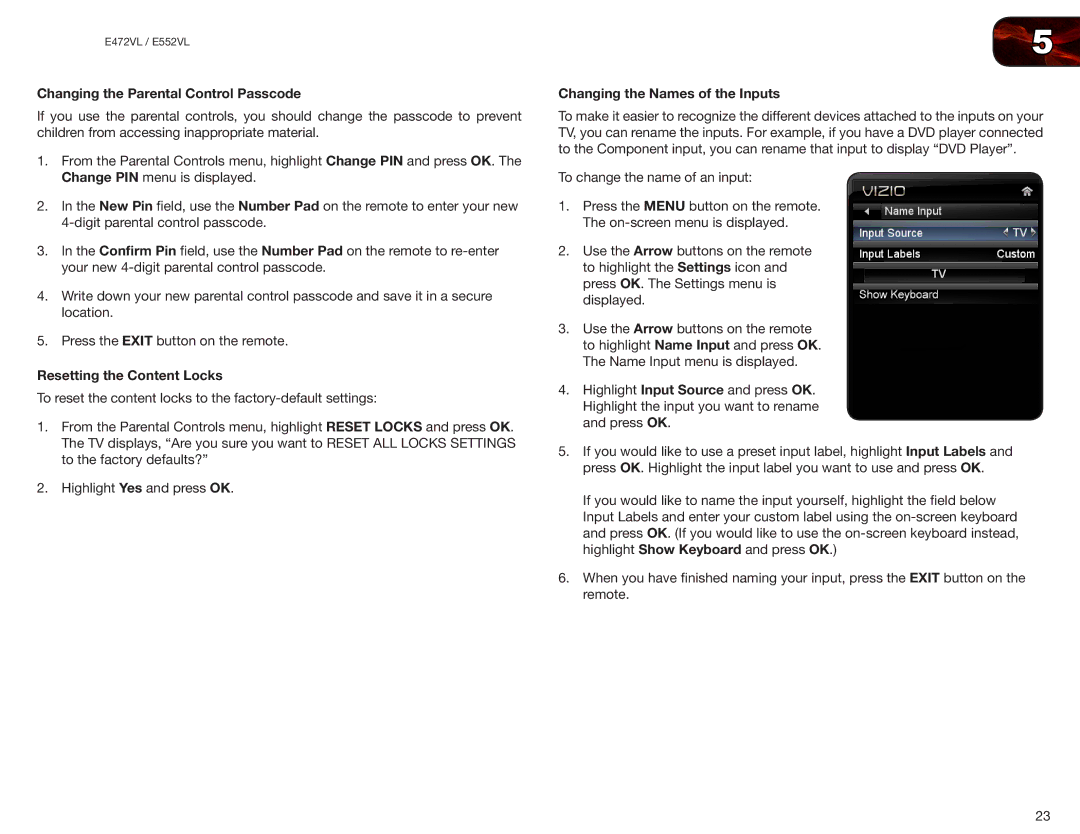 Vizio E472VL, E552VL Changing the Parental Control Passcode, Resetting the Content Locks, Changing the Names of the Inputs 