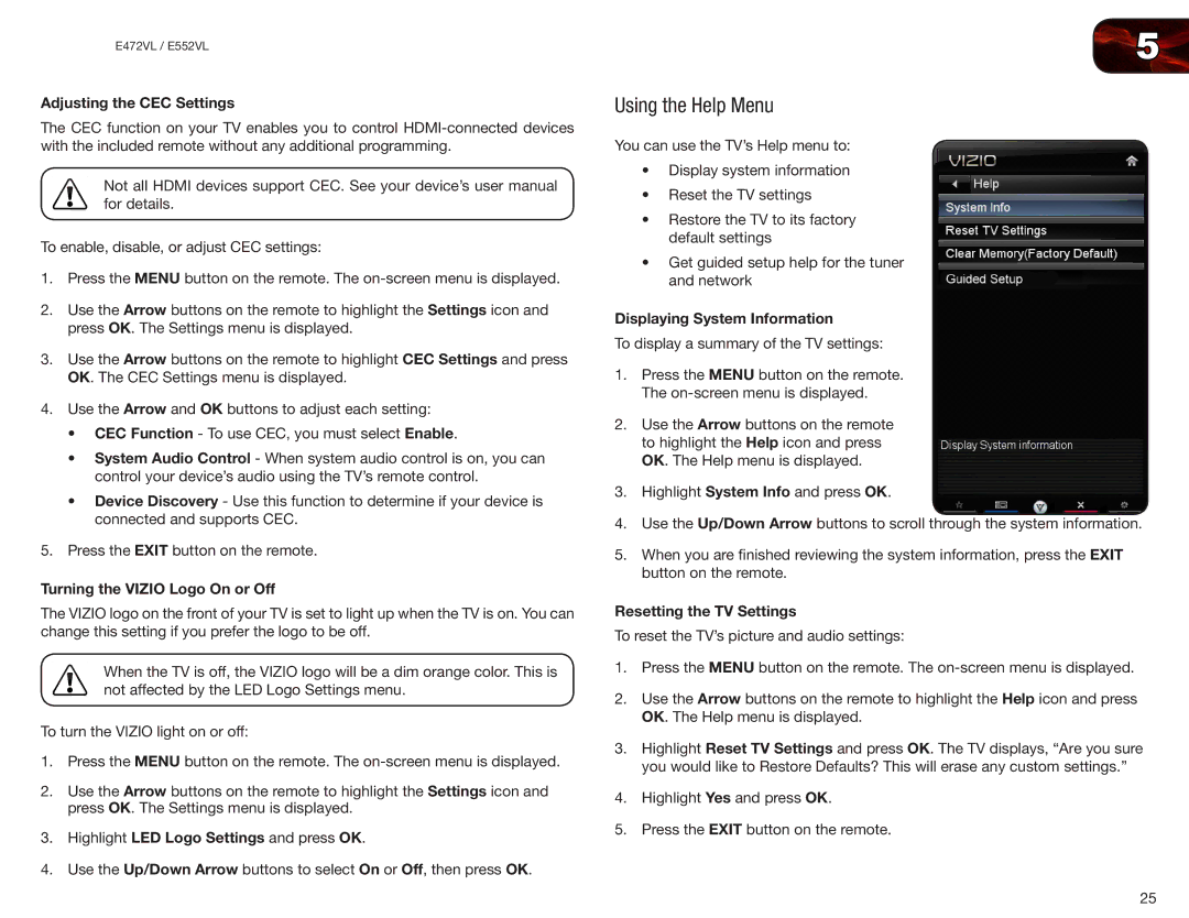 Vizio E472VL Using the Help Menu, Adjusting the CEC Settings, Turning the Vizio Logo On or Off, Resetting the TV Settings 