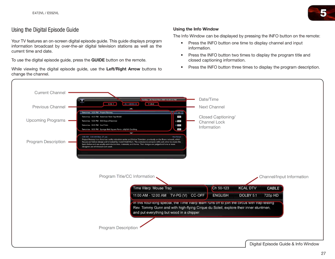 Vizio E472VL, E552VL user manual Using the Digital Episode Guide, Using the Info Window 