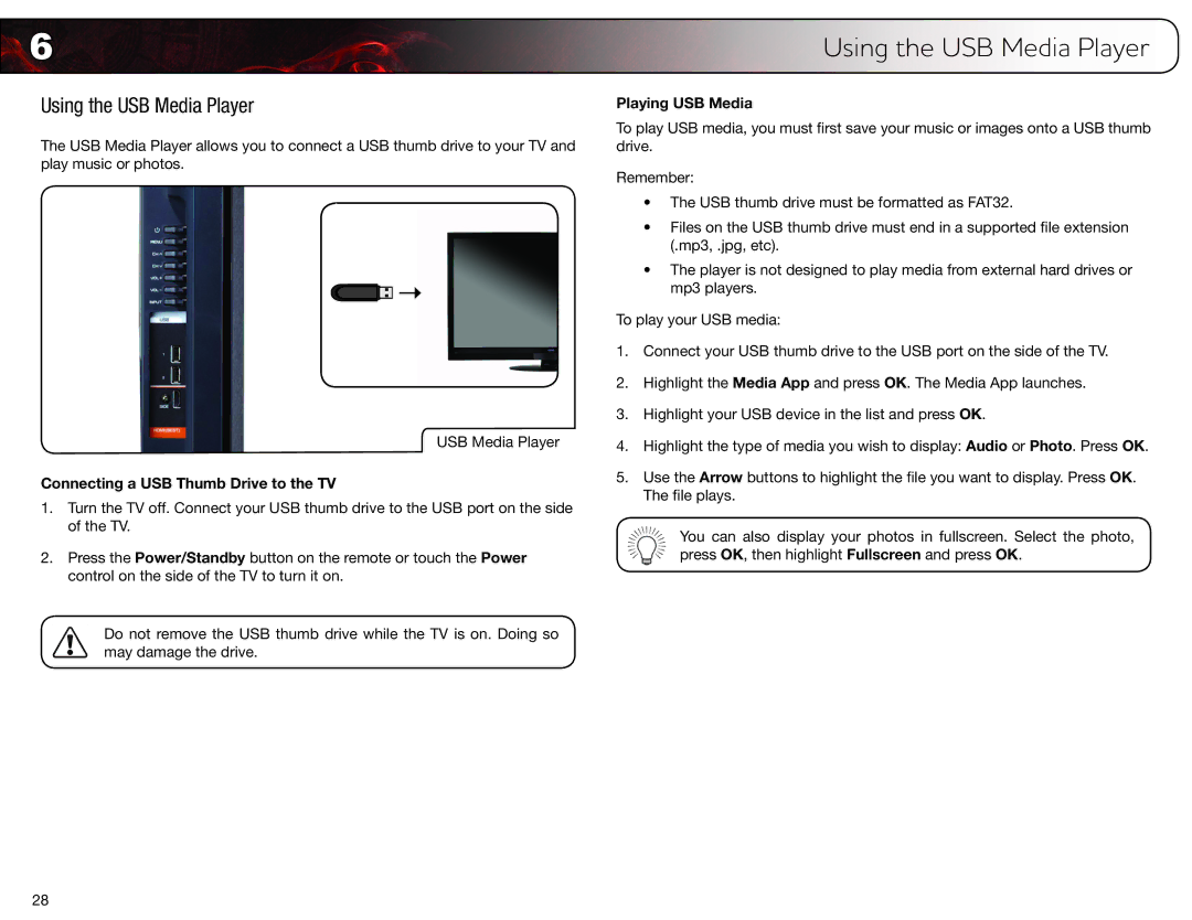 Vizio E552VL, E472VL user manual Using the USB Media Player, Connecting a USB Thumb Drive to the TV, Playing USB Media 