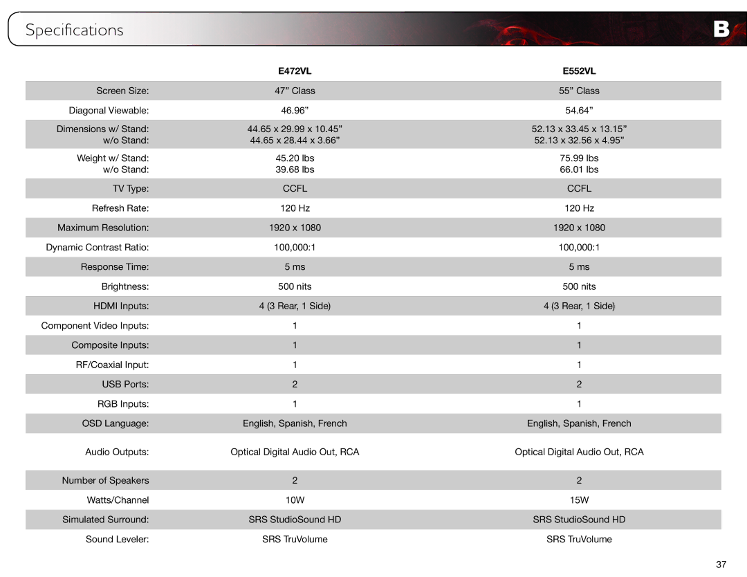 Vizio user manual Specifications, E472VL E552VL 