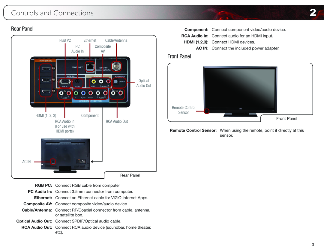 Vizio E472VL Controls and Connections, Rear Panel, Front Panel, Rgb Pc, Ethernet, Optical Audio Out, HDMI 1, 2, Ac In 