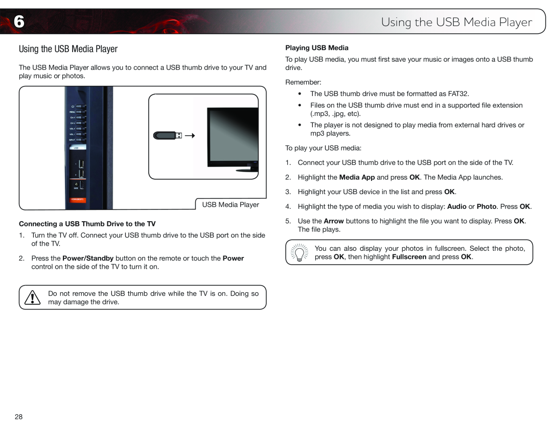 Vizio E552VL, E472VL user manual Using the USB Media Player, Connecting a USB Thumb Drive to the TV, Playing USB Media 