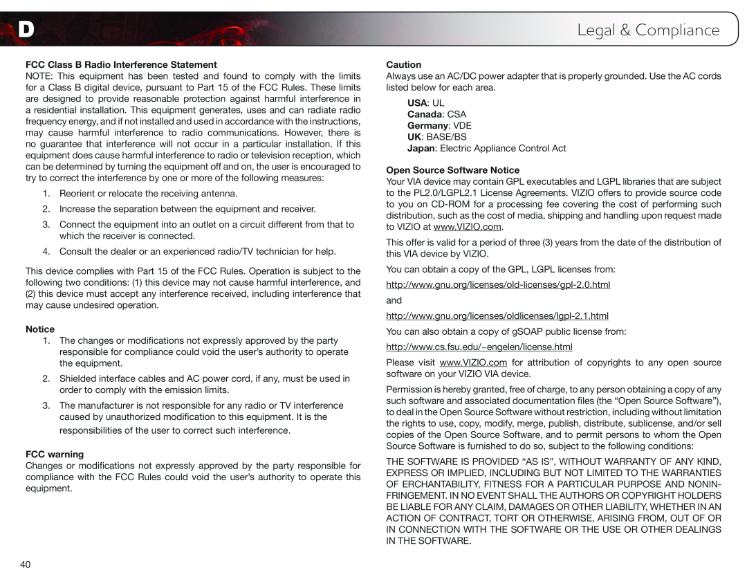Vizio E552VL, E472VL Legal & Compliance, FCC Class B Radio Interference Statement, FCC warning, Canada CSA Germany VDE 