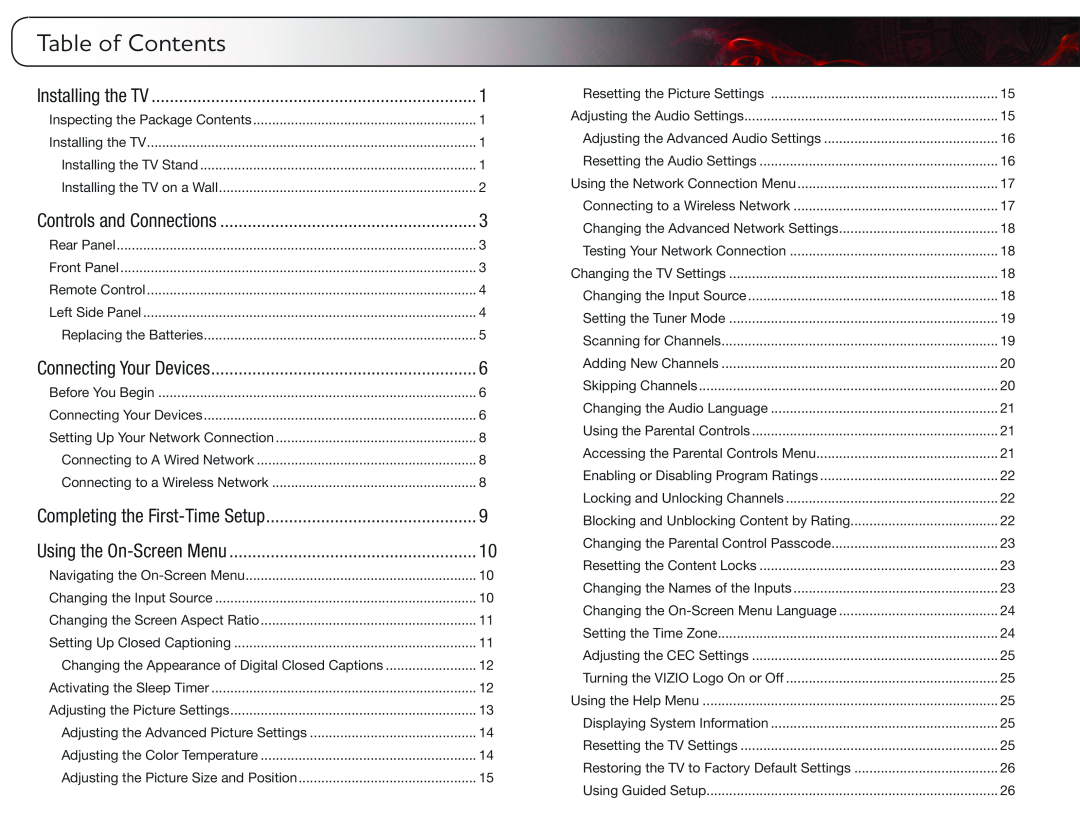 Vizio E472VL, E552VL user manual Table of Contents, Installing the TV, Controls and Connections, Connecting Your Devices 