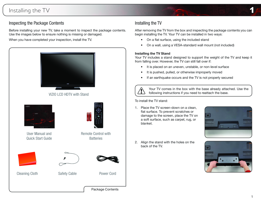 Vizio E472VL Installing the TV, Inspecting the Package Contents, VIZIO LCD HDTV with Stand, User Manual and, Safety Cable 
