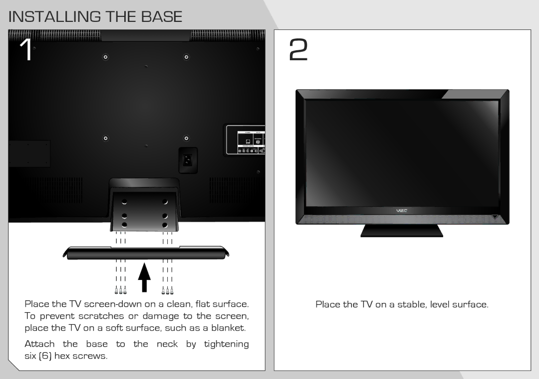 Vizio E552VLE quick start Installing the Base 