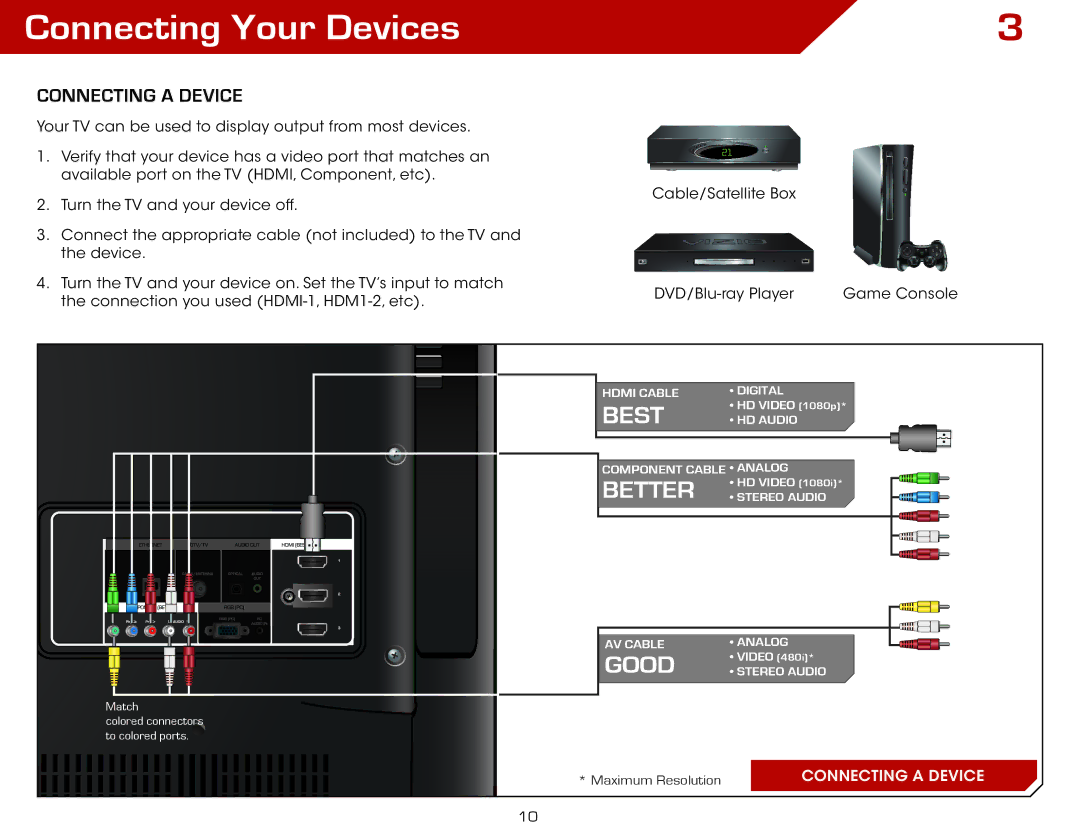 Vizio E552VLE warranty Connecting Your Devices, Connecting a Device 