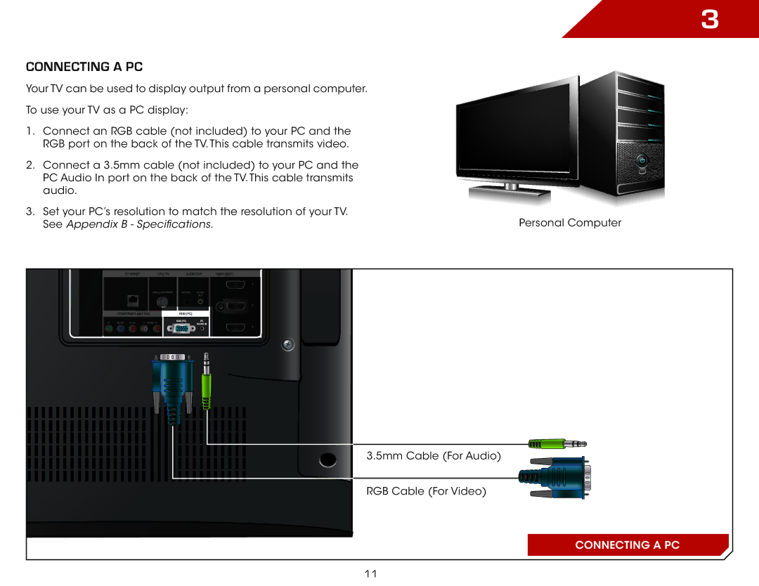 Vizio E552VLE warranty Connecting a PC 