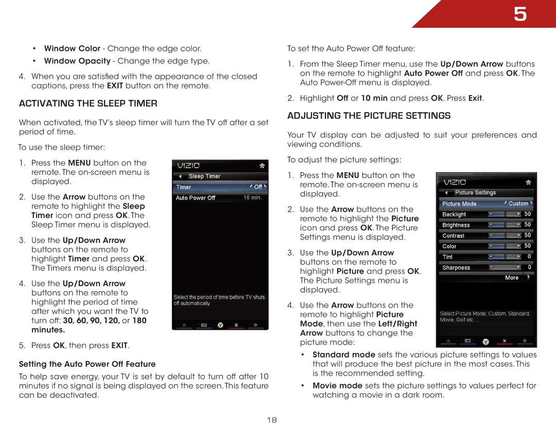 Vizio E552VLE warranty Activating the Sleep Timer, Adjusting the Picture Settings 