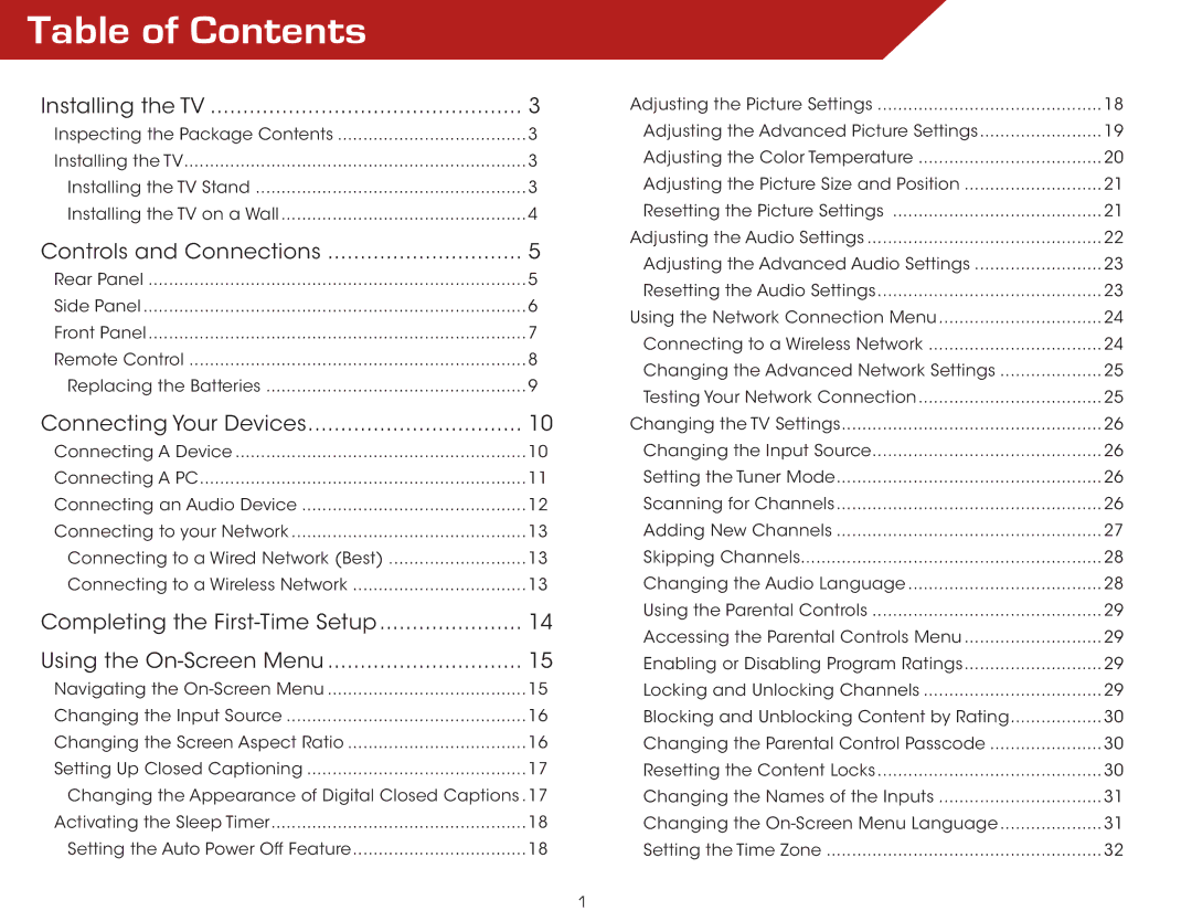 Vizio E552VLE warranty Table of Contents 