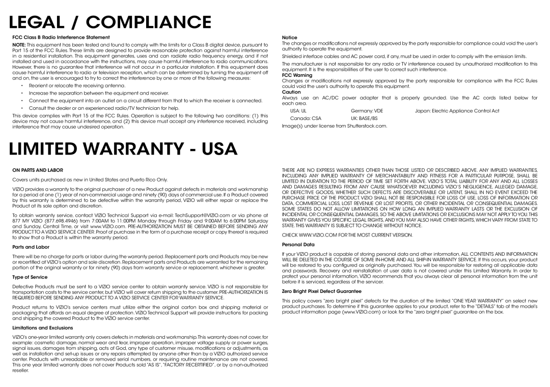 Vizio E600i-B3 & E700i-B3 manual Legal / Compliance, Limited Warranty USA 